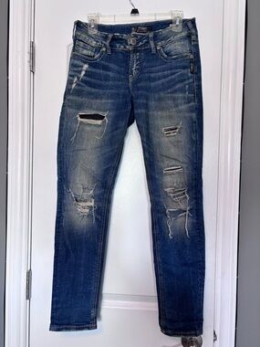 Silver Jeans Distressed Skinny Mid Rise Raw Hem Y2K Denim Size 27w